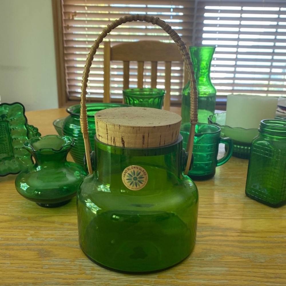 Hand blown green glass 1970's Takahashi Japan Green Glass and Cork Canister/Jar